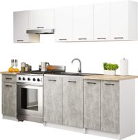 Ensemble de cuisine : un tiroir, onze portes, douze étagères, couleur : béton blanc