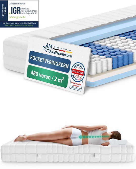 AM Qualitätsmatratzen - Ergonomisch 7-Zone Pocketveringmatras 90x190 cm - Gemiddeld (H3) - 20cm
