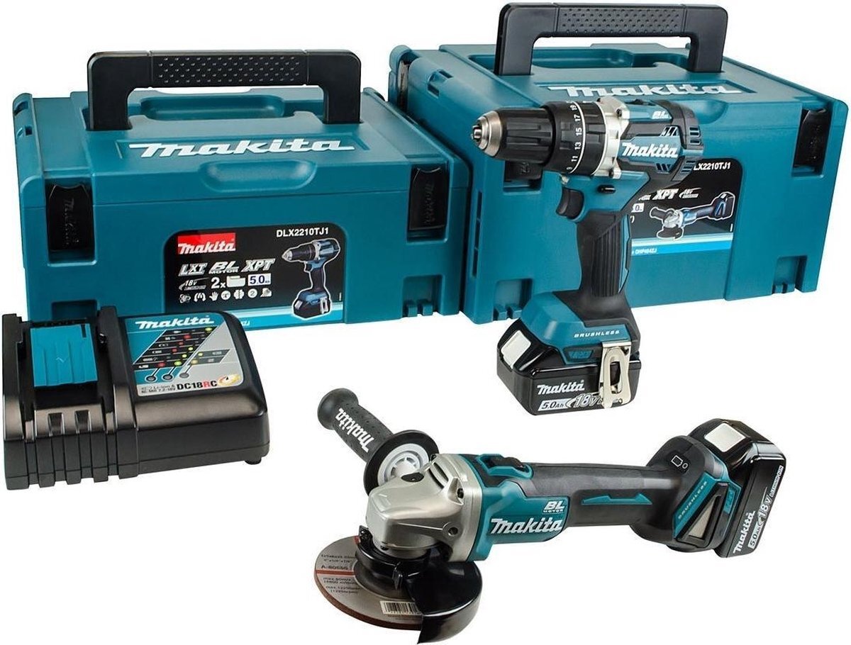 Makita DLX2210TJ1 18V LiIon accu klopboor/schroefmachine (DHP484Z) & haakse slijper (DGA506