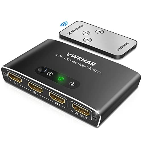 VWRHar HDMI Switch 3 IN 1 Out, HDMI Switch Splitter met Afstandsbediening, Aluminium 3 Poorten HDMI Schakelaar Ondersteuning 4K 3D 1080P voor PS4, PS3, Laptop, PC, DVD/Blu-Ray Speler, Xbox, Roku, TV