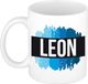 Bellatio Decorations Leon naam cadeau koffie mok - beker - met blauw verfstrepen - Cadeau collega - vaderdag - verjaardag - meester - coach - 300 ml - wit