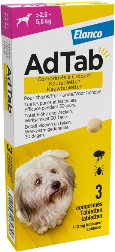 Adtab Elanco AdTab Anti-Vlooien en Teken Kauwtabletten - Hond - 2.5-5.5 kg - 3 Tabletten