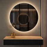 Planetmöbel AMYRA Wandconsole 100 cm – Goud Eiken/Zwart – NOVA LED Spiegel 80 cm – Dimbaar – Touchbediening