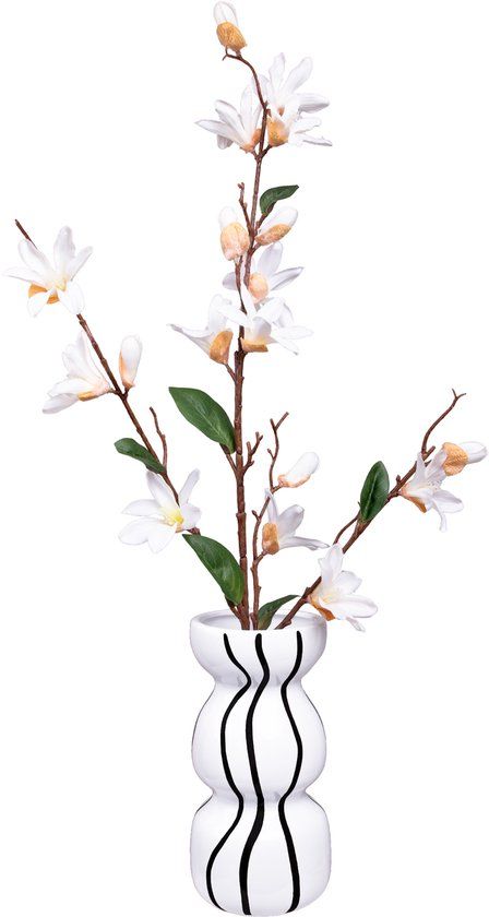 QUVIO Droogbloemen vaas met zwarte strepen - Bloemenvaas in zandloper vorm - ø23x11 cm - Keramiek - Wit