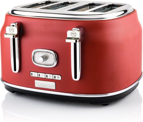 Westinghouse Retro Broodrooster - 4 Slices - Rood - Met Warmhoudrek