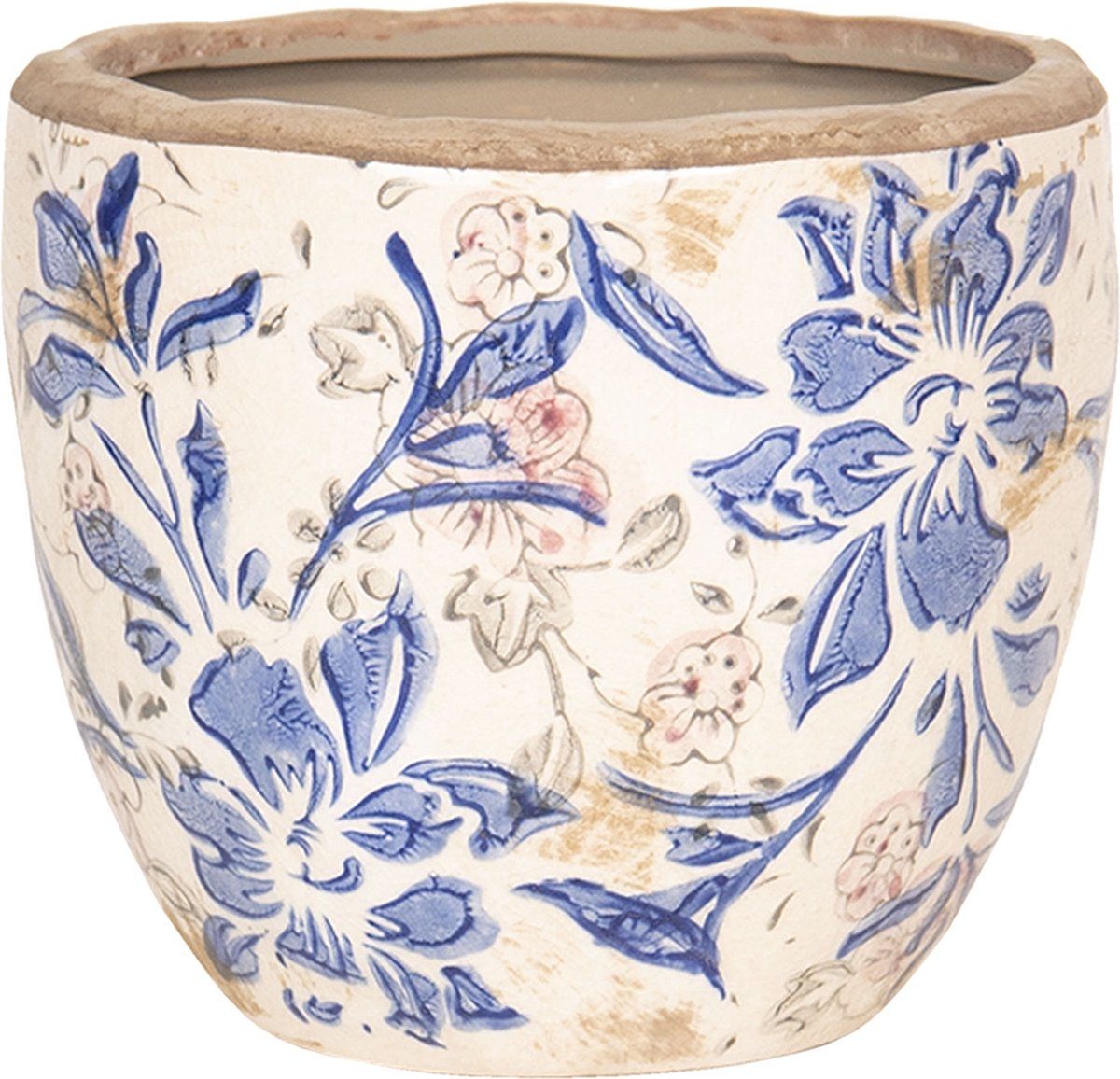 Clayre & Eef Bloempot Ø 13x11 cm Blauw Beige Keramiek Rond Bloemen Bloempot binnen Plantenpot Plant pot