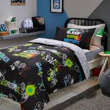 Bedlam Zwart Gaming Dekbedovertrek Eenpersoons (140 x 200 cm) - Glow in the Dark omkeerbaar beddengoed - 2 kussenslopen - Gamer slaapkameraccessoires - videogamethema - Polykatoen - 3-delige set