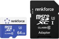 Renkforce RFmSD64 microSDXC-kaart 64 GB A1 Application Performance Class, v30 Video Speed Class Incl. SD-adapter, A1-vermogensstandaard