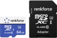 Renkforce RFmSD64 microSDXC-kaart 64 GB A1 Application Performance Class, v30 Video Speed Class Incl. SD-adapter, A1-vermogensstandaard