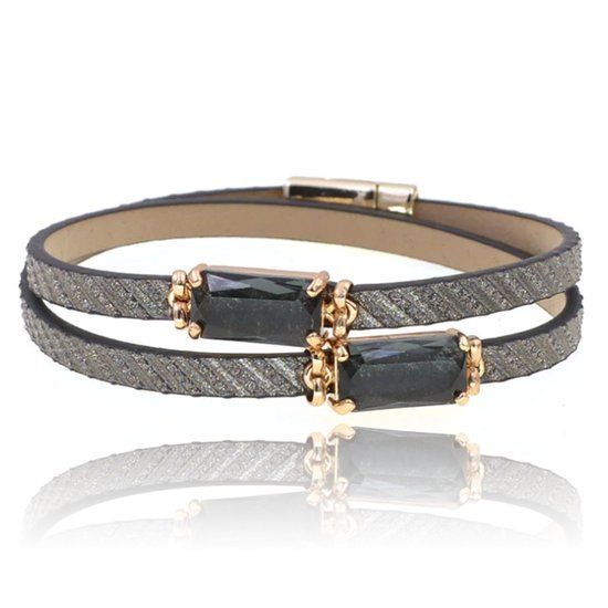 Deja Jewels Leren Boho stijl dames armband in zwart en goud met 2 glasstenen