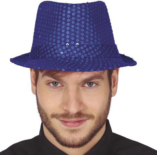 Fiestas Guirca Carnaval verkleed hoedje - glitter blauw - volwassenen/heren - met paillette