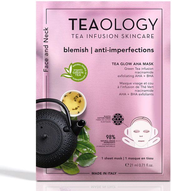 Teaology Tea Glow AHA Mask – Purifying & Exfoliating Gezichts‑ En Hals Sheet Mask - Met Groene Thee‑Infusie, AHA & BHA, Niacinamide & Hyaluronzuur - Poriën Reinigen, Dode Cellen Verwijderen & Huid Glow - 98% Natuurlijke Ingrediënten – 21 ml