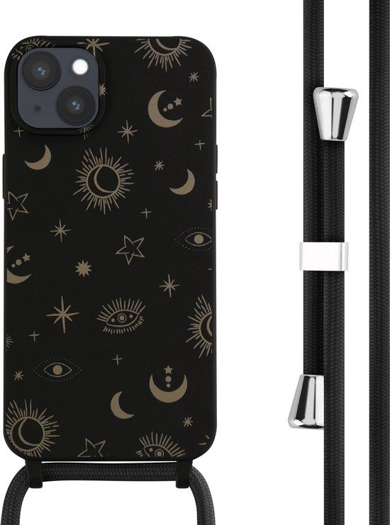 iMoshion Hoesje met koord geschikt voor iPhone 14 Plus - Siliconen design hoesje - Zwart / Sky Black