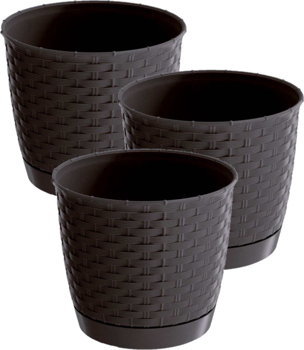 Prosperplast 3x Ronde Gevlochten Plantenpotten - Donkerbruin - Ø16.5cm