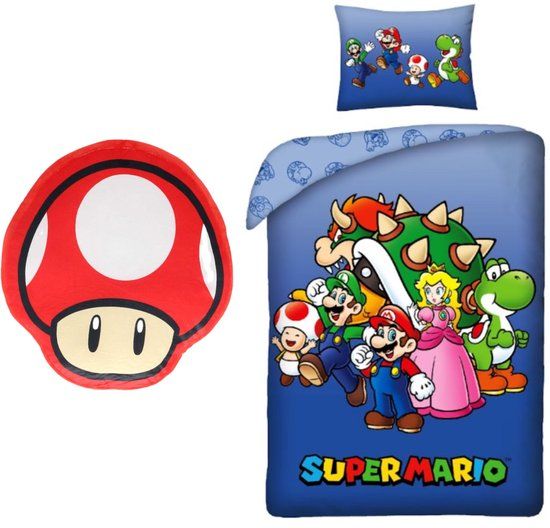 4KidsOnly Super Mario Dekbedovertrek + Kussen - Eenpersoons - Polyester - Blauw