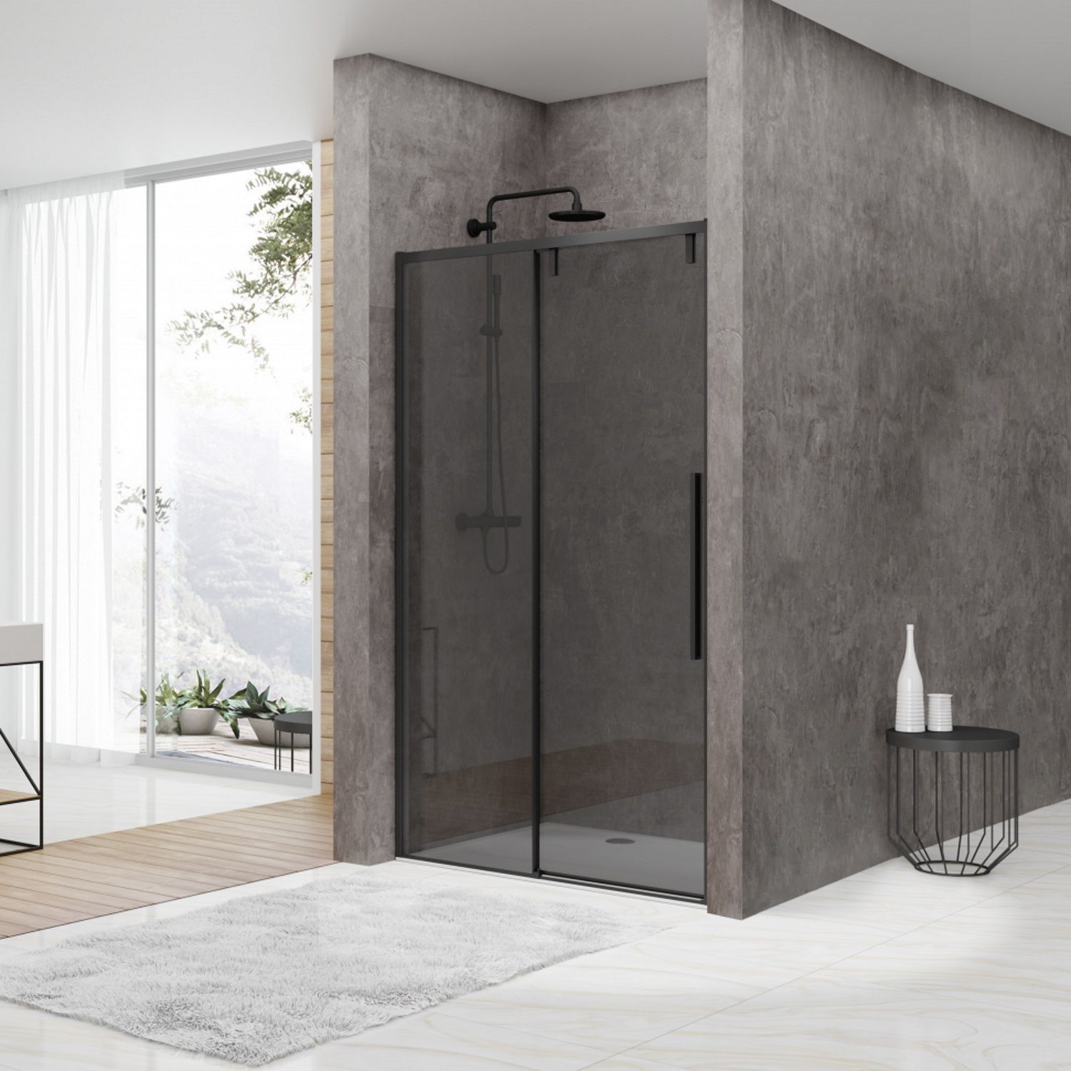 van Rijn Nisdeur st06 schuifdeur met vaste wand rookglas 180x200 cm 8 mm soft close zwart