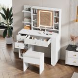 ZKOO B.V. Grande coiffeuse avec éclairage LED, miroir et tabouret, 3 tiroirs, 2 portes, blanc
