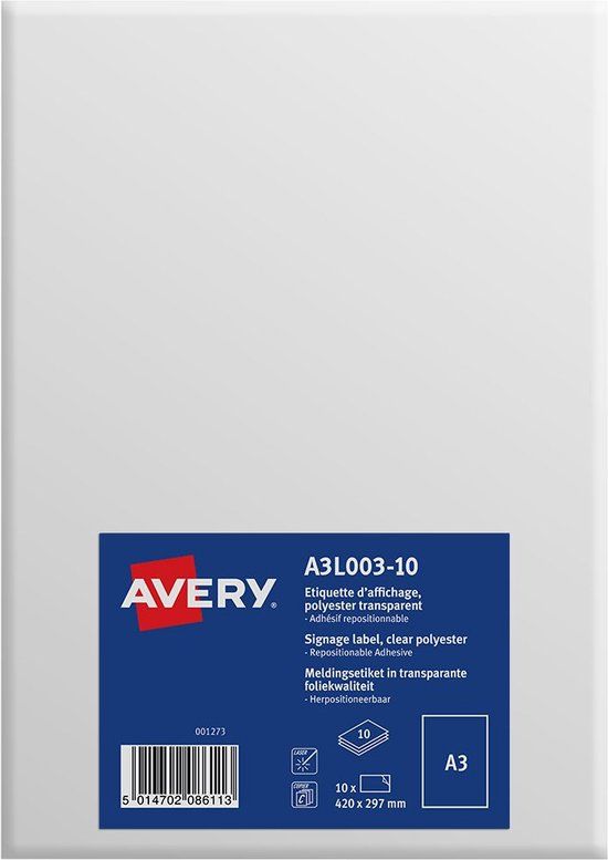 Avery A3L003-10 printeretiket Wit Zelfklevend printerlabel