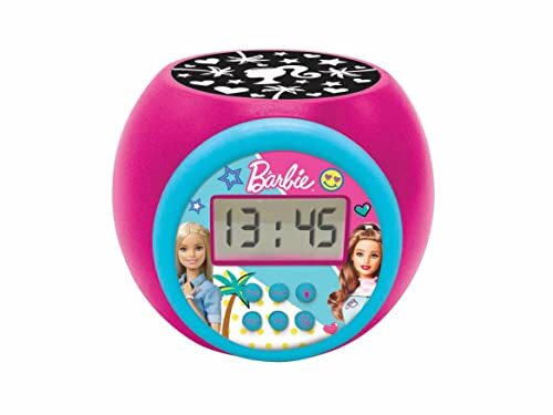 Lexibook Projector Wekker Barbie met sluimerfunctie en alarmfunctie, Nachtlampje met timer, LCD-scherm, werkt op batterijen, Roze, RL977BB