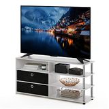 Furinno JAYA TV-kast in eenvoudig design voor maximaal 140 cm met vuilnisbakken, wit eiken, roestvrijstalen buizen