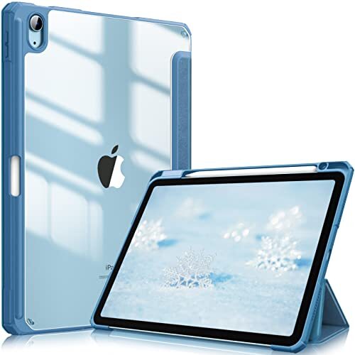 Fintie Hybride hoes voor iPad Air 5e generatie 2022 / iPad Air 4e generatie 2020 10,9 inch met penhouder - stootvaste afdekking met transparante harde achterkant beschermhoes, blauwe damp)