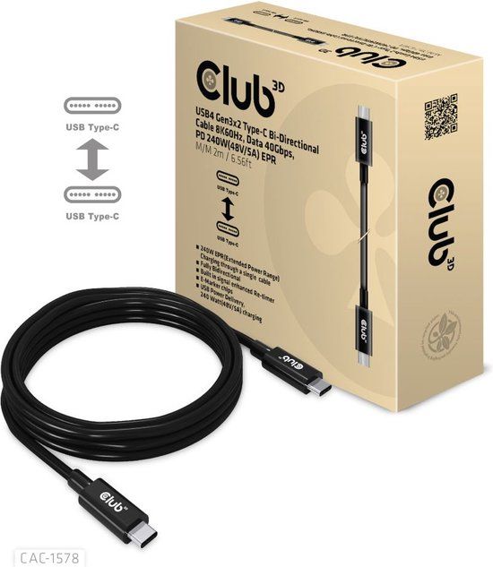 Club 3D USB4 Gen3x2 Type-C bidirectionele kabel 8K60Hz, Data 40Gbps, PD 240W (48V/5A) EPR M/M 2m