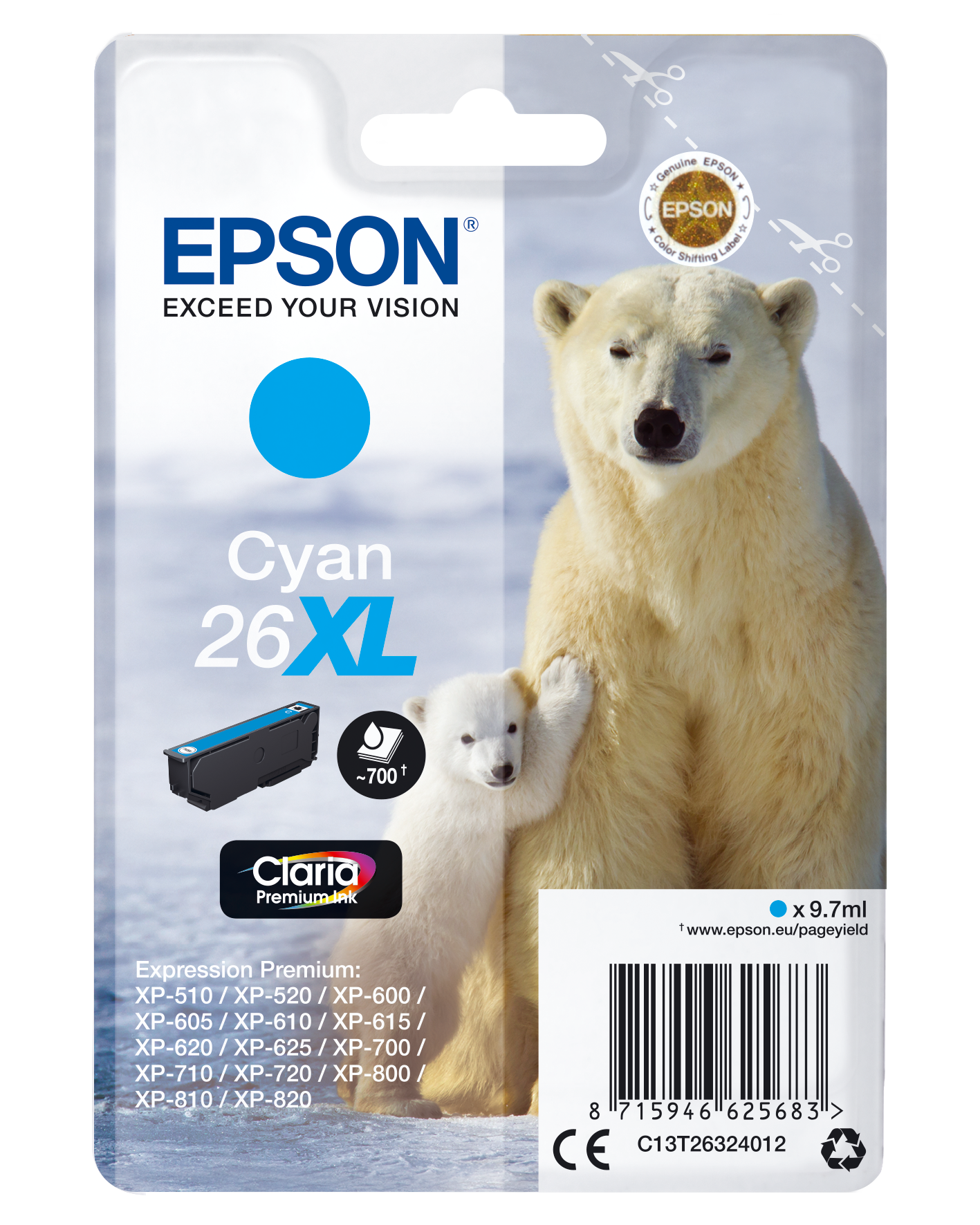 Epson Polar bear Singlepack Cyan 26XL Claria Premium Ink single pack / cyaan