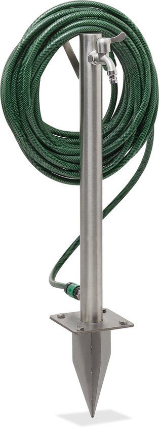 Relaxdays Waterzuil - buitenkraan - met grondpen - tuinslanghouder - kraanpaal - rvs - zilver