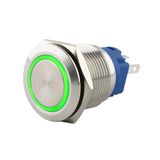 SeKi Roestvrijstalen drukschakelaar, Ø 16 mm, vergrendelend, platte kop, gekleurde verlichte LED-ring in groen, soldeertigs, platte stekker, 0,5 x 2,8 aansluiting