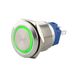 SeKi Roestvrijstalen drukschakelaar, Ø 16 mm, vergrendelend, platte kop, gekleurde verlichte LED-ring in groen, soldeertigs, platte stekker, 0,5 x 2,8 aansluiting