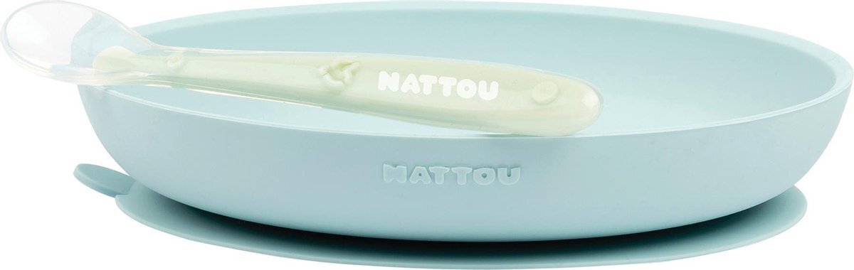 Nattou Siliconen 2-delig Servies voor Kinderen - Antislip Bord - BPA-vrij - Groen / Blauw groen, Lichtblauw