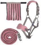 HKM Halsband voor paard met longe en anti-vliegende franjes, mokka/milky pink