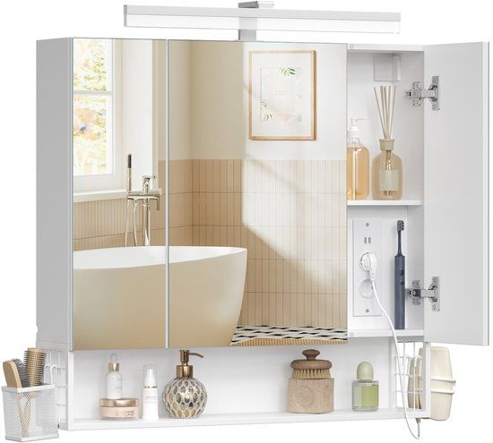 Songmics Witte spiegelkast – 80x16.5x75 cm – 3 spiegeldeuren – verlichting – Wolkenwit