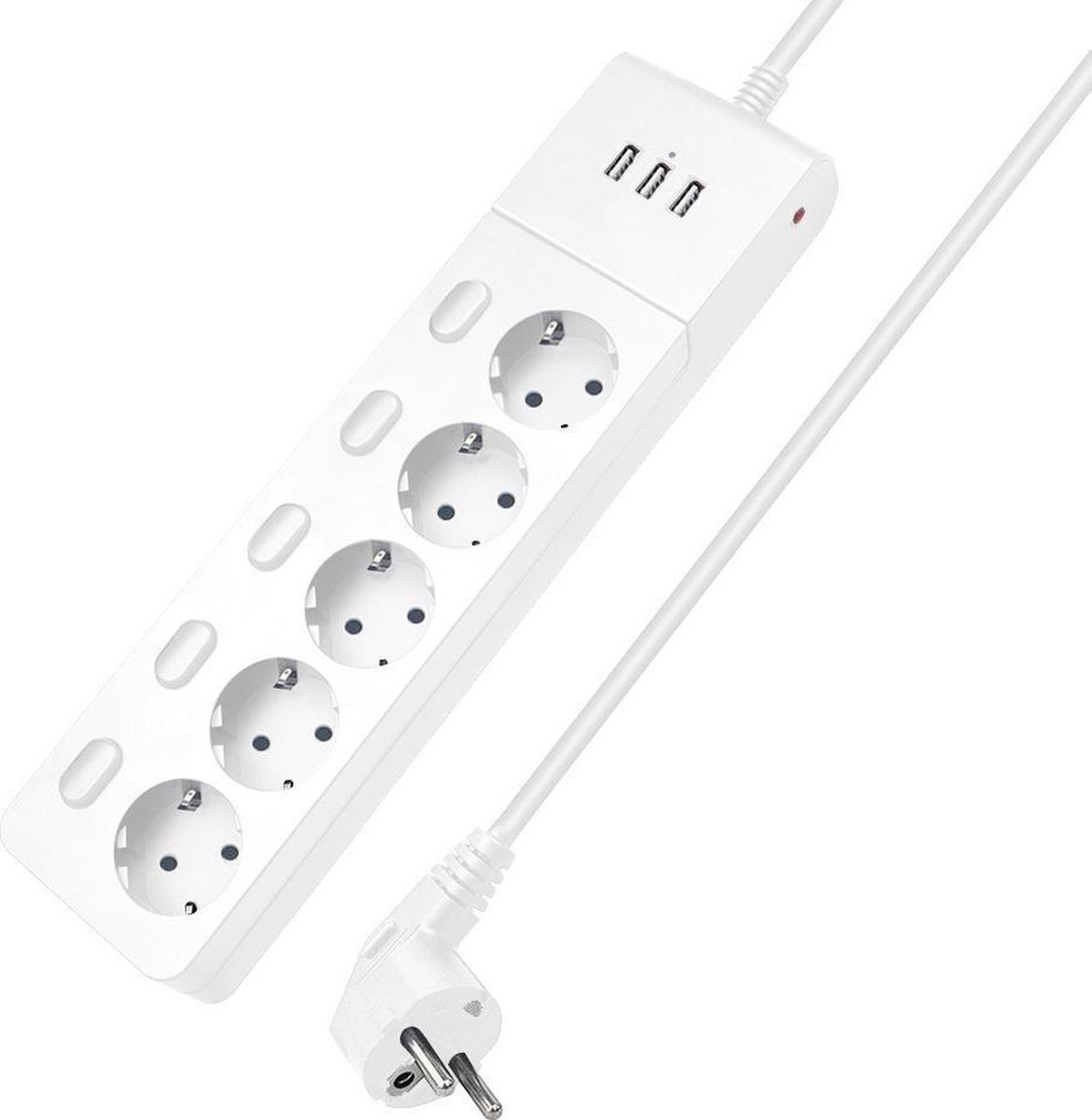 Allteq Stekkerdoos | 5-voudig | 3x USB A | Schakelaar | 2 meter aansluitsnoer | Overspanningsbeveiliging | Wit |