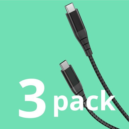 Merkloos Oplaadkabel voor iPhone 15 en Samsung - 3 Pack Zwart Nylon - 1M - 100W - Snelladen