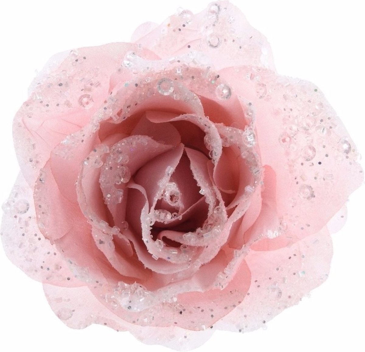 Decoris Kerstboom decoratie roos poeder roze 14 cm - Kerstversiering/kerstboomversiering