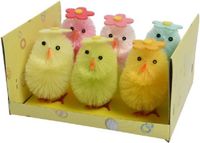 Decoris 6x stuks gekleurde paaskuikentjes met bloem 6,5 cm - Paasversiering / Paasdecoratie