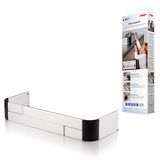 reer Premium fornuis beschermingsrooster, kinderbescherming voor de keuken, kinderbeveiliging, om te plakken, in grootte verstelbaar, 57-90 cm, voor inductie en gasfornuizen, zilver