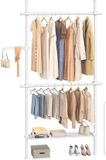 SONGMICS Telescopische kledingstandaard, 3-traps garderobe, in hoogte en breedte verstelbaar, open kledingkast met 2 kledingstangen en afneembare plank, mat wit