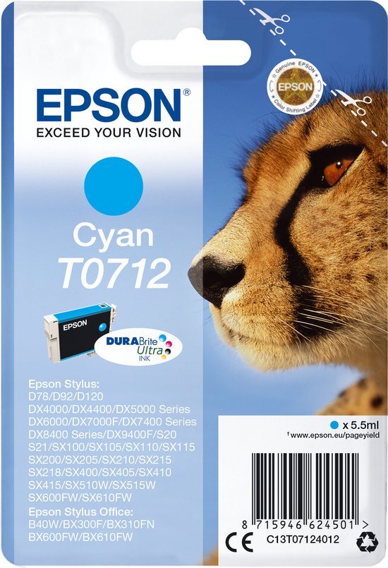 Epson Singlepack Cyan T0712 DURABrite Ultra Ink single pack / cyaan