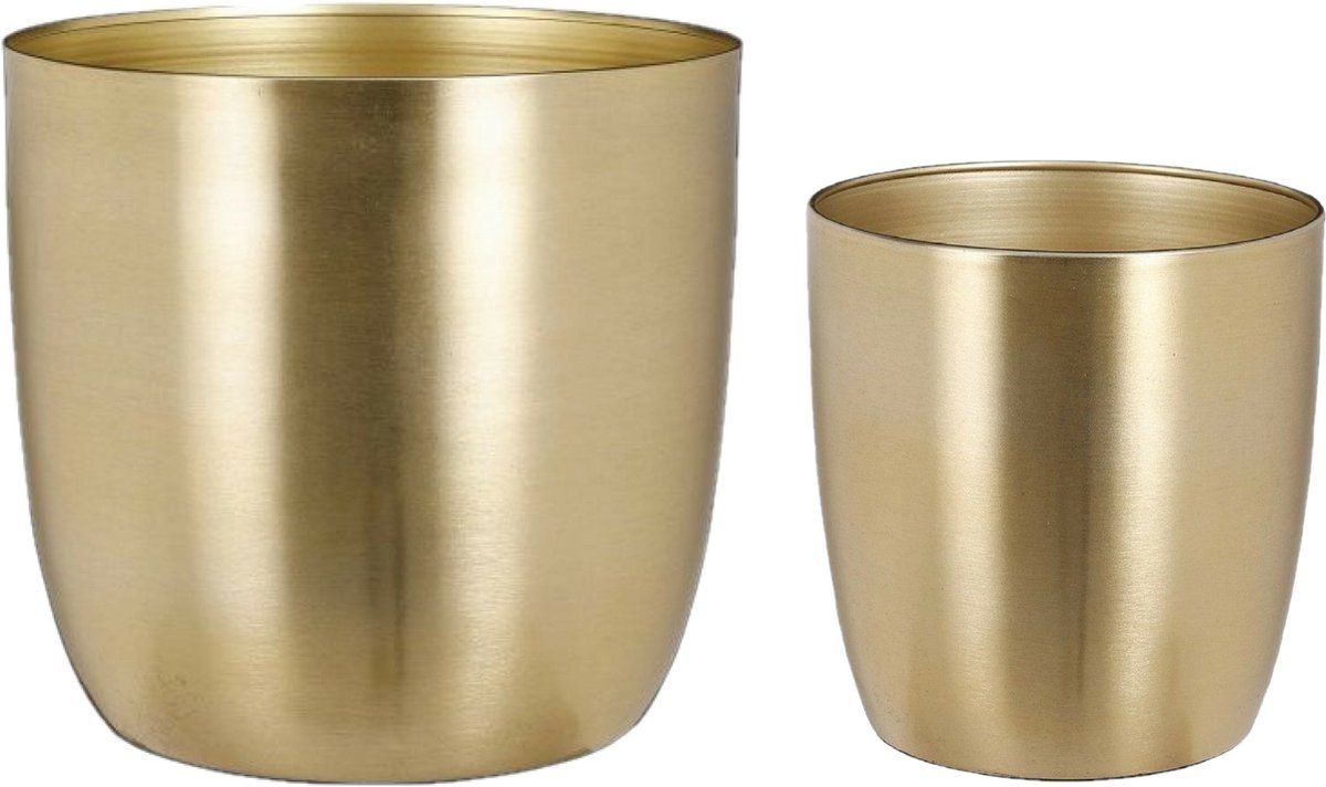 Mica Decorations Plantenpot/bloempot set - 2x stuks - metaal - goud - D16/D22 cm
