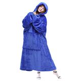 Waitu Draagbare deken sweatshirt geschenken voor dames en heren, super warme en gezellige gigantische dekenhoodie, dikke flanellen deken met mouwen en gigantische zak - blauw
