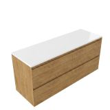 Saniclass Meuble de salle de bain - 140x45x62.5cm - Plateau en surface solide Torino blanc - sans trou pour robinet - 4 tiroirs - chêne naturel mat (bois) SW1420792/SW1471865