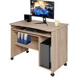 BAKAJI Pora bureau met uittrekbare toetsenbordhouder, onderste plank en vak, pc-deur van MDF-hout met 4 wielen, inrichtingsvoorwerp voor thuis, kantoor, slaapkamer, modern (eiken)