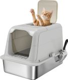 PawHut Cat Litter Box - Stainless Steel, Plastic - 60.4L x 40.4W x 41.8H cm - Light Grey
