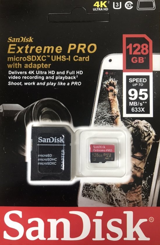 Sandisk Extreme Pro 128GB-MicroSDXC-UHS-I Card met adapter- 4K ULTRA HD- Shoot Work Play like a PRO