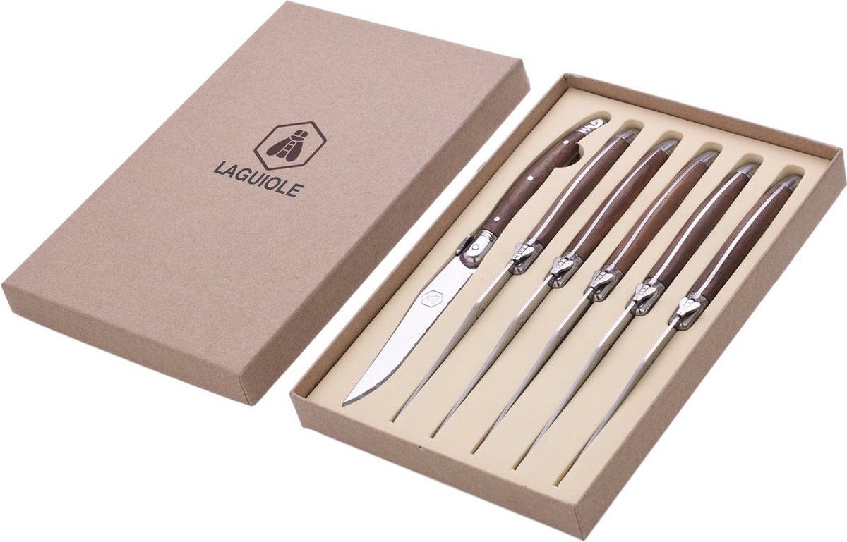 Laguiole Steakmessen - Exclusieve Set (6 stuks) - Walnoot Hout - Steakmessen - Steakmes