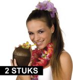 Merkloos / Sans marque Boland Kokosnoot drinkbeker - 2x - hawaii thema - met rietje - 12 x 16 cm - 400 ml