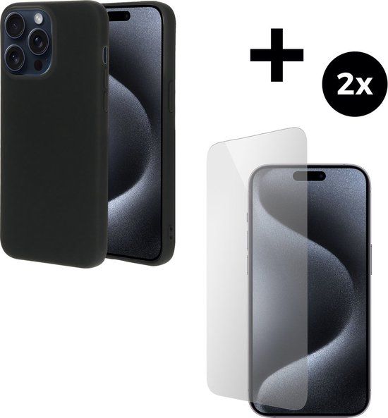 Mobiparts Silicone Cover for Apple iPhone 15 Pro Max with 2 Tempered Glass Screen Protectors - Black