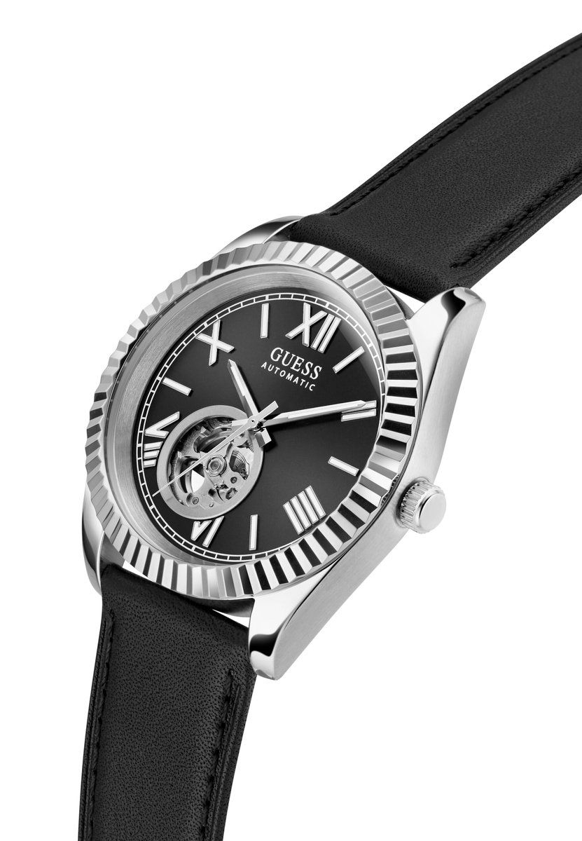 Guess Connoisseur Quartz Analoog Horloge Zwart En Zilver Kast: 100% Gerecycled Staal | Armband: 100% Echt Leer 42 mm GW0985G1